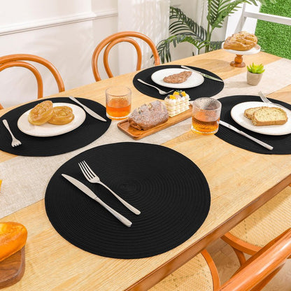 SHACOS Black Round Placemats Set of 12 Heavy Cotton Polyester Woven Braided Place Mats Washable Heat Resistant Non Slip Table Mats