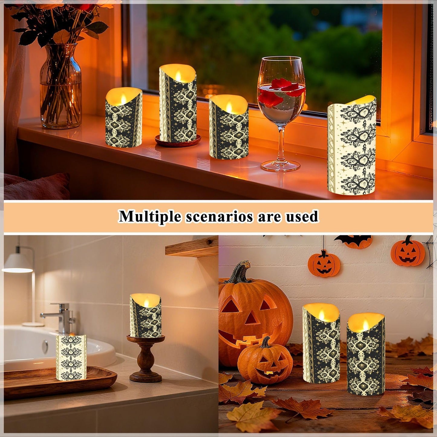 Gravopti Occult Baroque 2 Pack Flameless LED Pillar Candles with Remote & Timer, Battery Operated, Flickering Wax Candle for Wedding, Romantic Home & Party Decor
