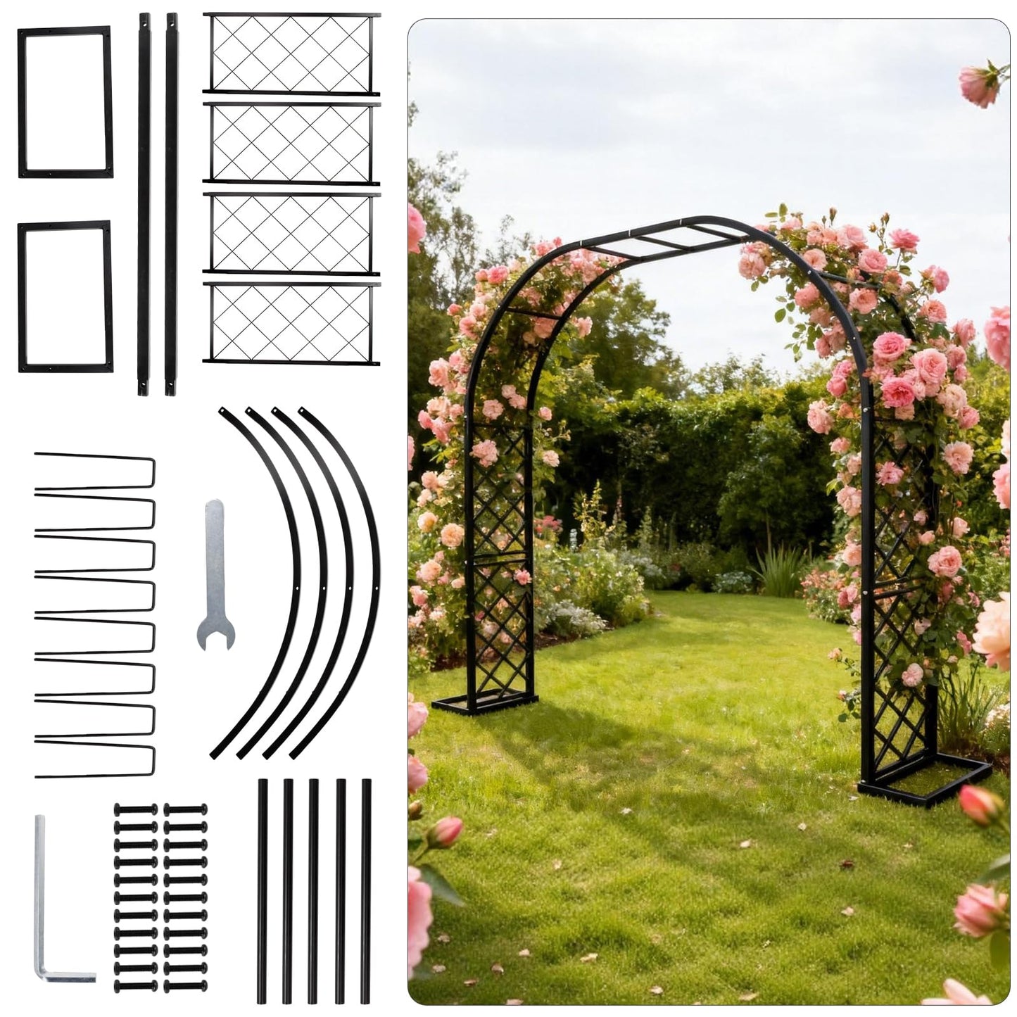 Vioranex Black Heavy Duty Galvanized Steel Garden Arch - 7 Feet Tall, Iron Trellis for Climbing Plants, Wedding Arch, Outdoor Patio Decor, 82.6" W x 92" H