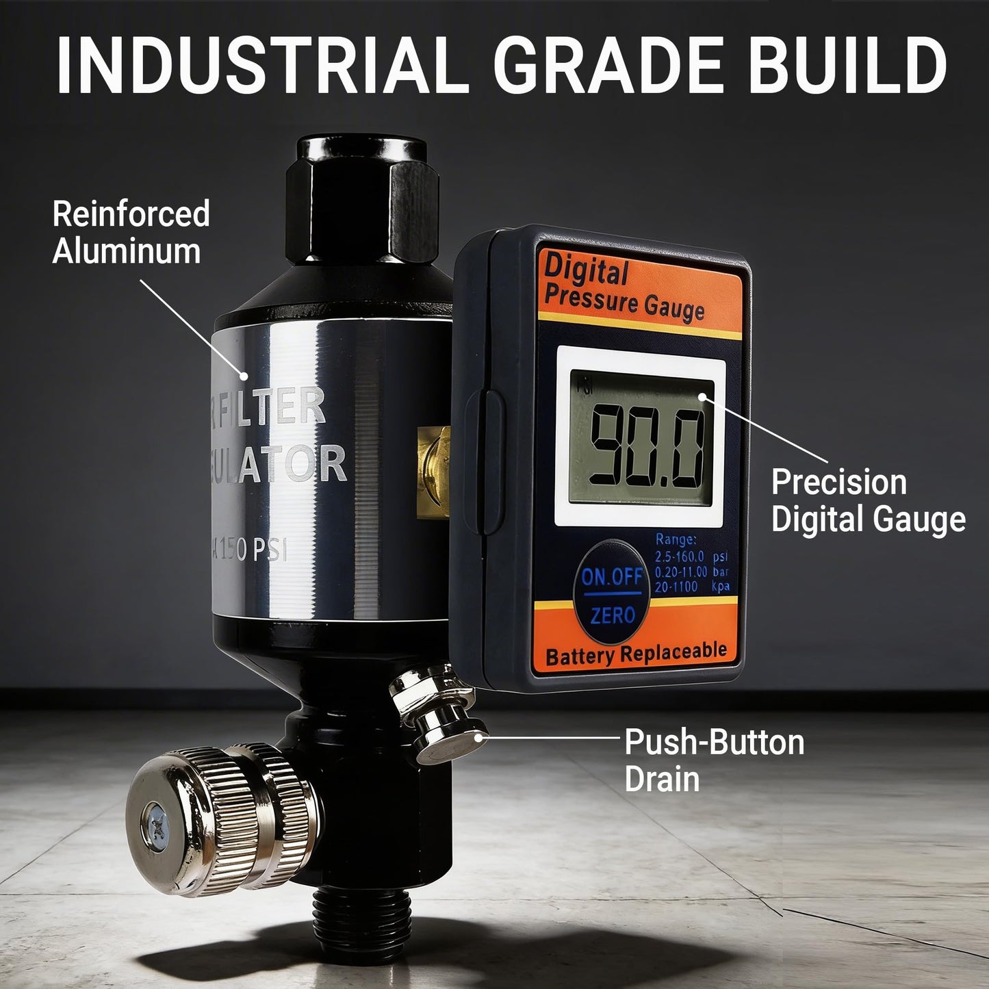 LE LEMATEC Digital Air Pressure Regulator & Water Separator with Moisture Trap, 1/4 NPT, for Air Compressor Oil & Dirt Removal, Inline Dryer for Pneumatic Tools & Spray Gun - AI303-R2