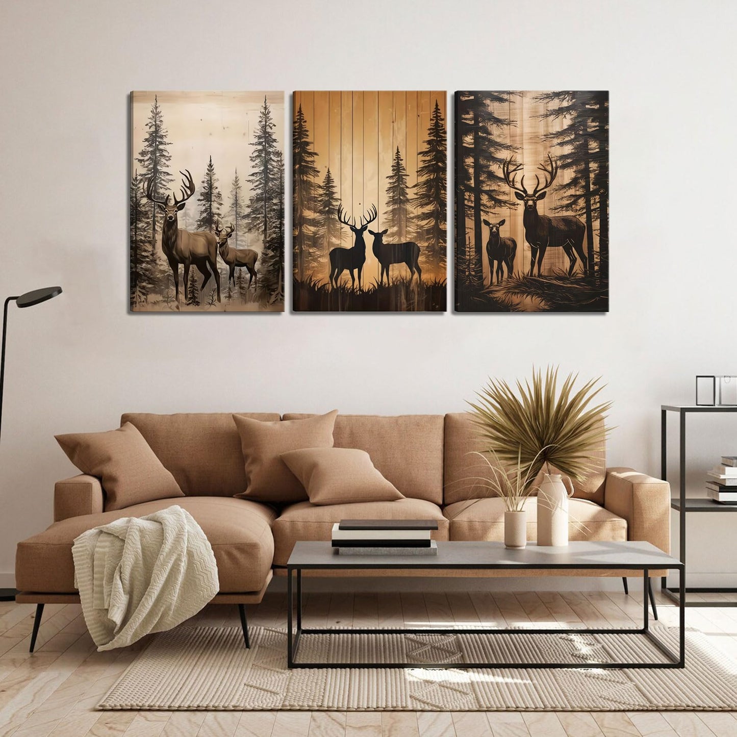 3Pcs Forest Elk Canvas Wall Art Country Farmhouse Wall Decor Picture Woodland Animal Poster Print for Living Room Bedroom Farmhouse Ranch Home Decor Ready to Hang