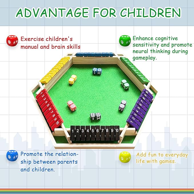 6-Player Shut The Box Game – Wooden Close The Box Math Game with Dice Educational Family Board Game for Learning Addition &amp Strategy Multi-Color 1-10 Number Flip Blocks