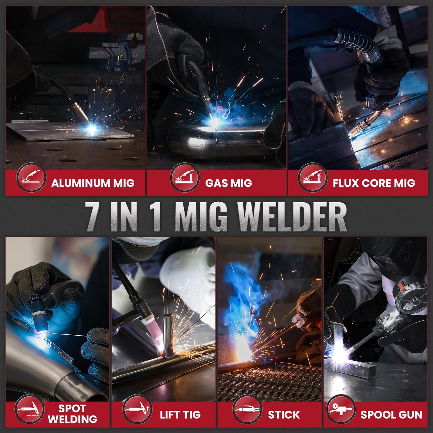 bestarc 215Amp MIG Welder, 110V 220V Gas MIG/Flux Core MIG/Stick/Lift TIG/Spool Gun/Spot Welding 7 IN 1 Aluminum Welding Machine, IGBT Multiprocess bestarc Welder with Synergy, Spool Gun Compatible
