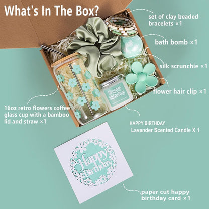 JTEWB Birthday Gifts For Women, Teen Girl, Her, Happy Birthday Gift Box For Girl, Women, Sister, Daughter, Friends, Cute Daisy Aesthetic Glass Cups Gift Set 7pcs (Mint green)