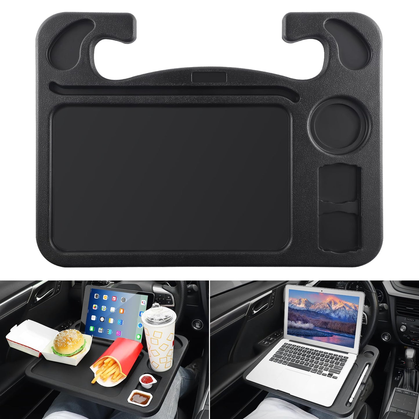 JUSTTOP Car Steering Wheel Desk for Laptop,Multipurpose Travel Car Accessories, Car Seat Stand Trays for Eating, Steering Wheel Under Table Console(Black)