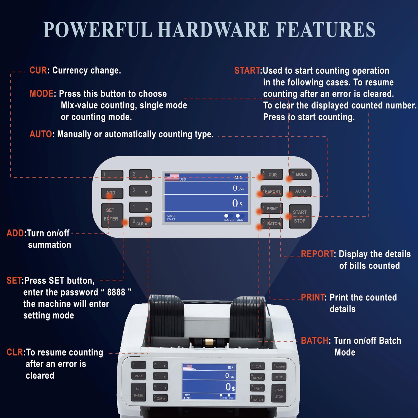 Oukeyer H-8700 Bank Grade Mixed Denomination Money Counter Machine, IMG/WL/UV/MG/IR/DD Counterfeit Detection, Bill Counter, Currecny Cash Counter, 3.5inch TFT Disaplay, Built-in Printer