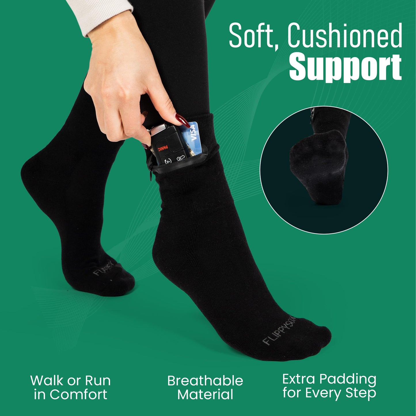 Flippysox Zipper Sock Wallet - Cotton & Polyester Zipper Socks with Pockets - Fits shoe size 6-13 (Black)