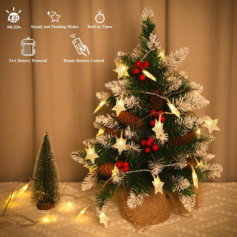 2 Pack Star String Lights Total 33ft 100 LED Hanging Star Fairy Lights Battery Operated for Indoor Outdoor Waterproof Twinkle Lights with Remote Control for Bedroom Party Christmas Decor Warm White