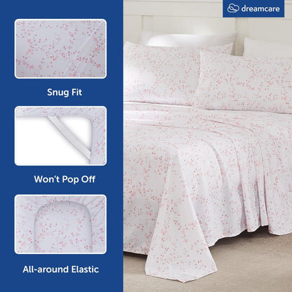 DREAMCARE Full Size Sheets - Cooling Sheets - 4pcs Set - up to 15" Deep Pocket Full Sheet Set - Sheets Full Size Bed - Soft & Long Lasting 100% Fine Brushed Polyester with Side Pocket Floral Blossom