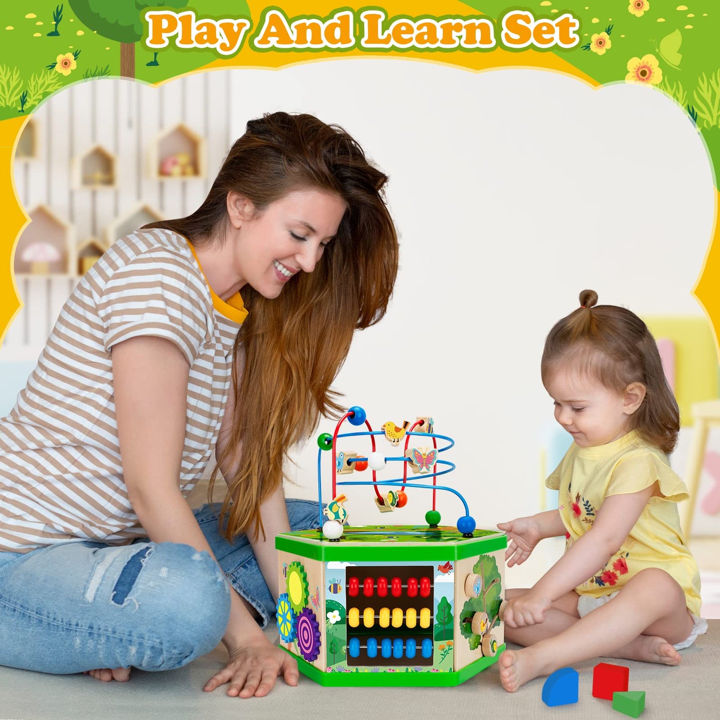 Wooden Activity Cube for 12-18 Month, 1 Year old Boys & Girls, 7-in-1 STEM Montessori Early Developmental Learning Toys for Kids Aged 1-2, Ideal 1st Birthday Gift Toys for Baby, Toddlers (Pink)