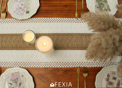 FEXIA Boho Table Runner for Thanksgiving Home Decor with Tassels 36 Inches Long Farmhouse Rustic Table Runner Cream & Brown Macrame for Boho Dining Bedroom Decor Rustic Bridal Shower (12x36 Inches)