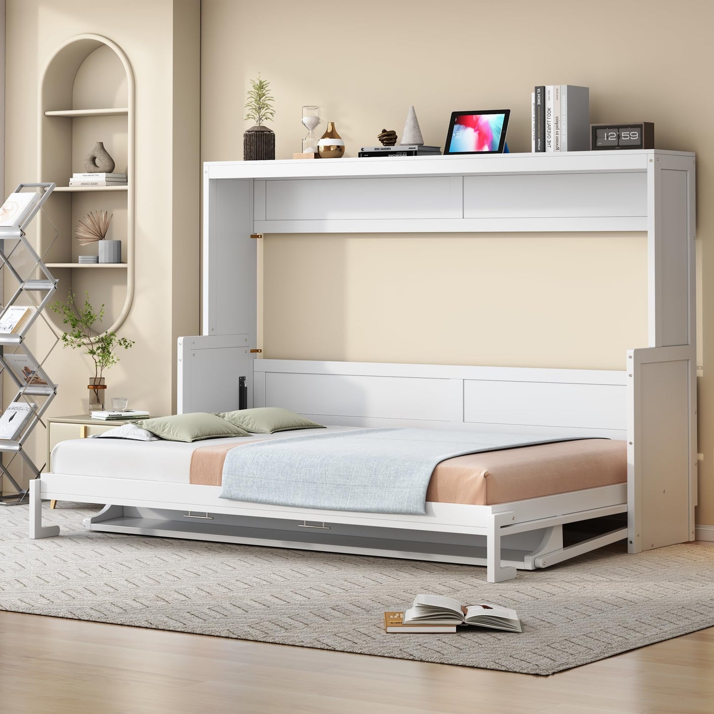 Ball & Cast Horizontal Murphy Bed Queen Size,Hidden Folding Wall Bed Frame with Hydraulic Lift&Desk,Wood Cabinet Platform Bed can be Folded into Desk,Space Saving for Bedroom,Guest Room,White