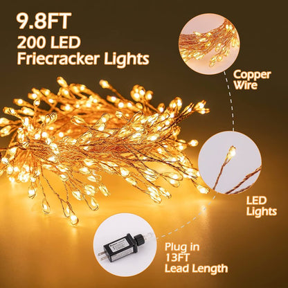Minetom Fairy Lights Plug in, 10Feet 200LED Cluster String Lights, Copper Wire Waterproof Starry Firecracker Lights for Ceiling Bedroom Wreath Window Wedding Christmas Tree Decorations, Warm White