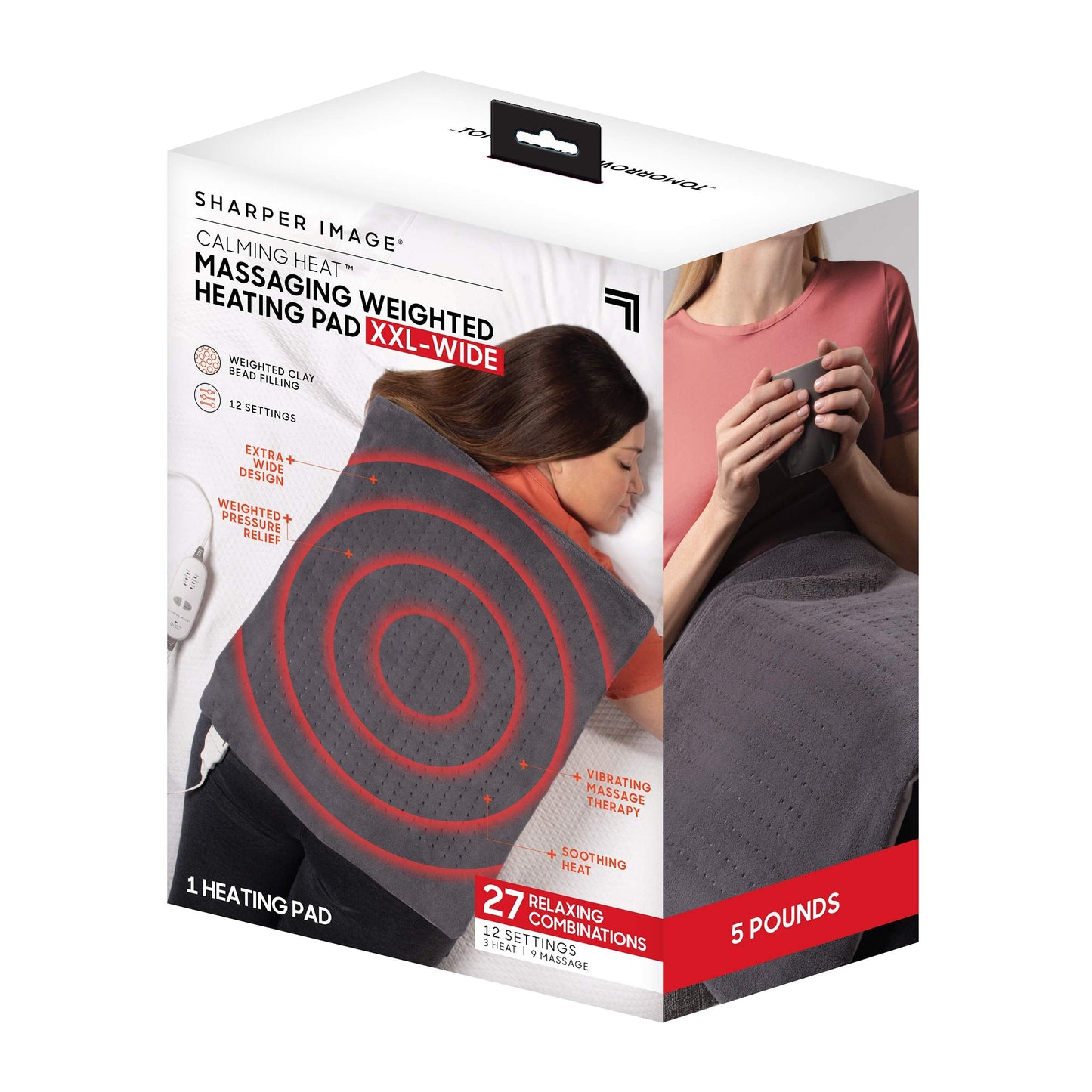 Calming Heat Massaging Weighted Heating Pad by Sharper Image- Electric Heating Pad with Massaging Vibrations, Auto-Off,12 Settings- 3 Heat, 9 Massage- 27 Relaxing Combinations, 12” x 24”, 4lbs
