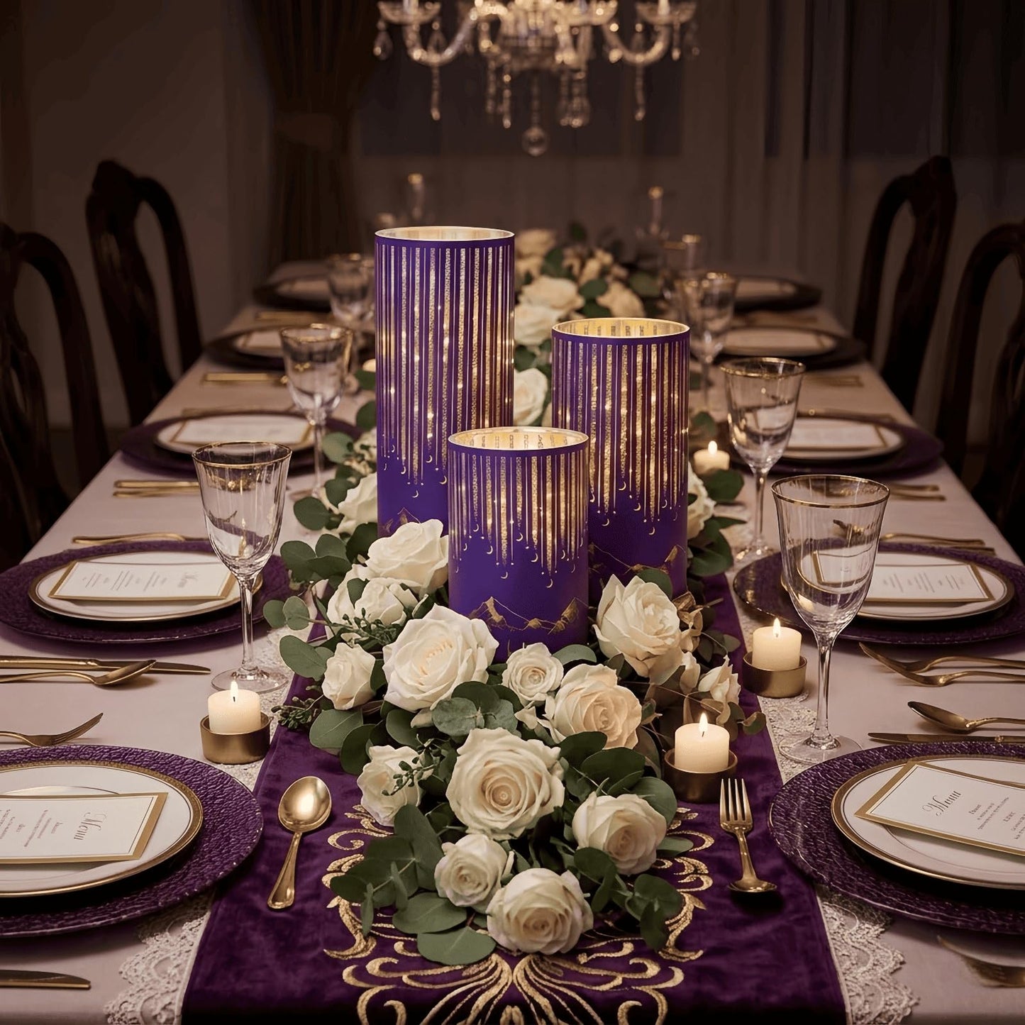 Ashroder Starry Night Elegant Hurricane Candleholders with LED Flickering Lights & Remote Timer, Decorative Glass Hurricanes for Indoor Table Centerpieces & Year-Round Home Decor, Set of 3 (Purple)