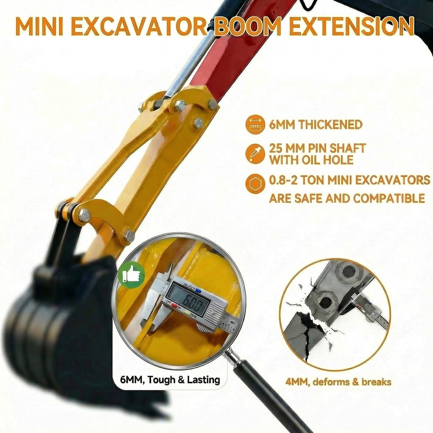 Upgrade 26" Mini Excavator Boom Extension, Arm Extension for 0.8-2 Ton Mini Excavator, 6mm Thickened Bushing-Free Boom with Oil Passage, Quick-Release, Extended Reach, No Deformation and Breaking