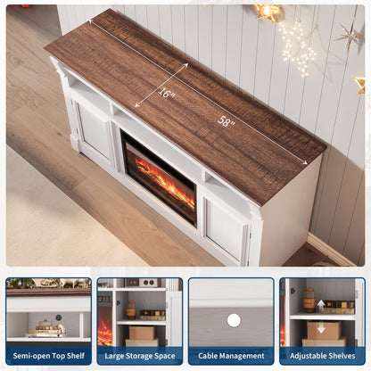 GAOMON 58 Inch Fireplace TV Stand, Wooden Entertainment Center with 36 Inch Electric Fireplace, 3D Realistic Flame, Farmhouse Media Console with Storage Cabinets for Living Room, White+Brown