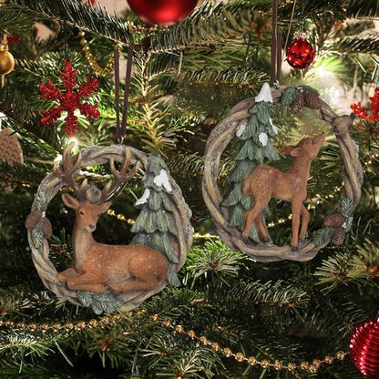 Braxio Christmas Tree Ornaments - Set of 2 Resin Woodland Deer in Wreath | Brown & Sage Green