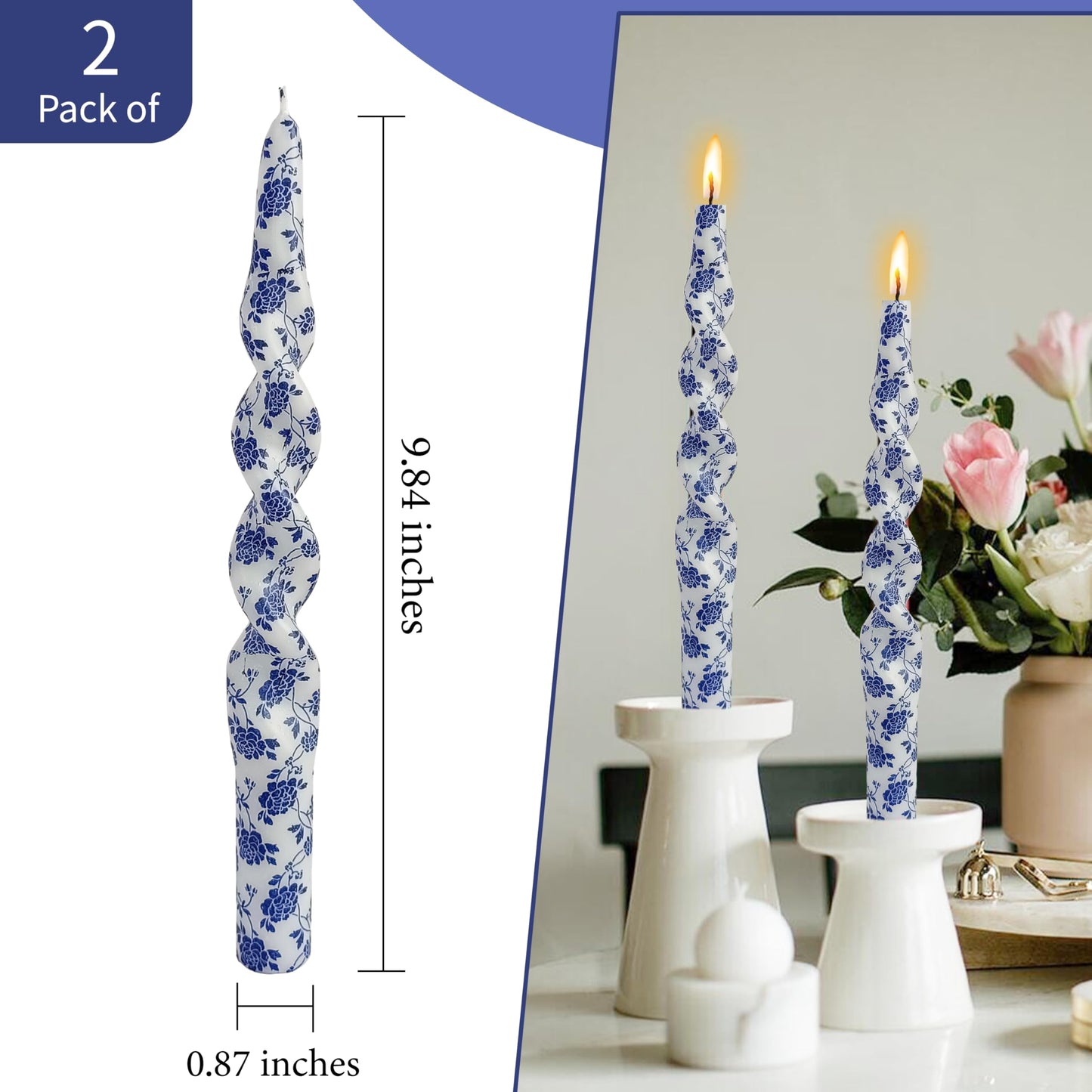 Flowers Printed Spiral Candles Unscented Twisted Candlestick Smokeless 2 PCS Blue Long Taper Candle 10 inch Twisted Candle Sticks Tapered Candles for Home Wedding Dinner Holiday Party