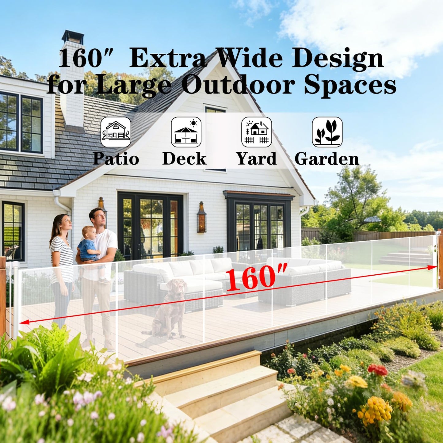 160" Extra Wide Retractable Baby Gates, 42" Extra Tall Retractable Dog Gate Pet Gate with Support Rods, Long Mesh Screen Child Safety Gate for Garage Doorways Hallways Deck Porch, Outdoor Indoor Use