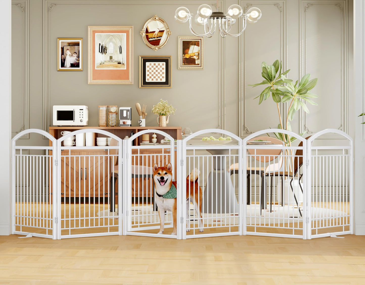 THKKY Folding No-Assembly Metal Freestanding Dog Gate with Door Walk Through,32" Height Pet Fence,144" Extra Wide Accordion Puppy Folding Playpen for Doorways,House,Stairs (6 Panels,White)