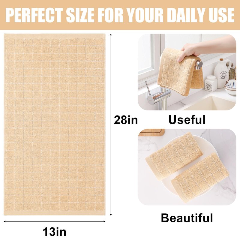 Homaxy 100% Cotton Terry Kitchen Towels(Apricot, 13 x 28 inches), Checkered Designed, Soft and Super Absorbent Dish Towels, 6 Pack