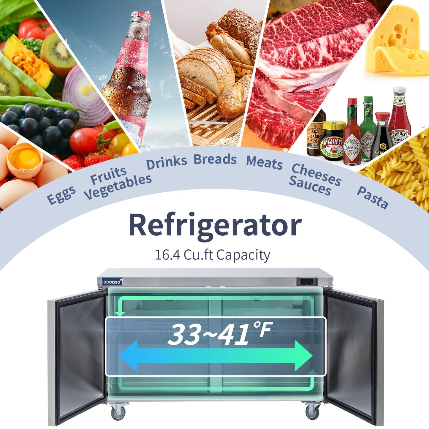 ICECASA 60" W Commercial Refrigerator Worktop Undercounter Refrigerator Double Door Stainless Steel Counter Fan Cooling Refrigerator 16.4 Cu.ft for Restaurant, Bar, Shop, etc