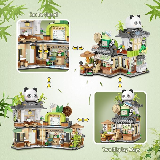 Street View Tea Shop Mini Building Blocks MOC Creative Building Toys Cute Panda Animals Building Set for Girls 6-12 Simulation Architecture Construction Toy Gift Idea for Kids Adults (860PCS)