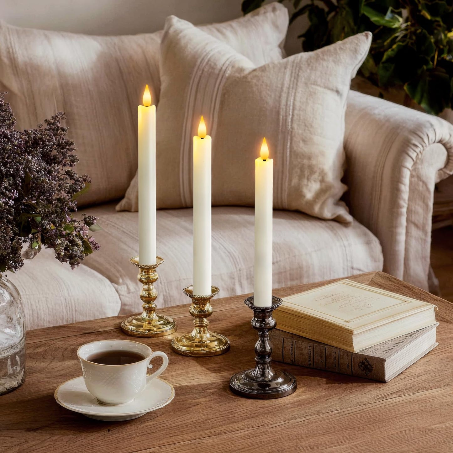 Meigic 6 Pcs Flameless Taper Candles with Remote Timer, Battery Operated Window Candles, 9.6 inches White Plastic LED Candlesticks, for Halloween Christmas Church Wedding Decor