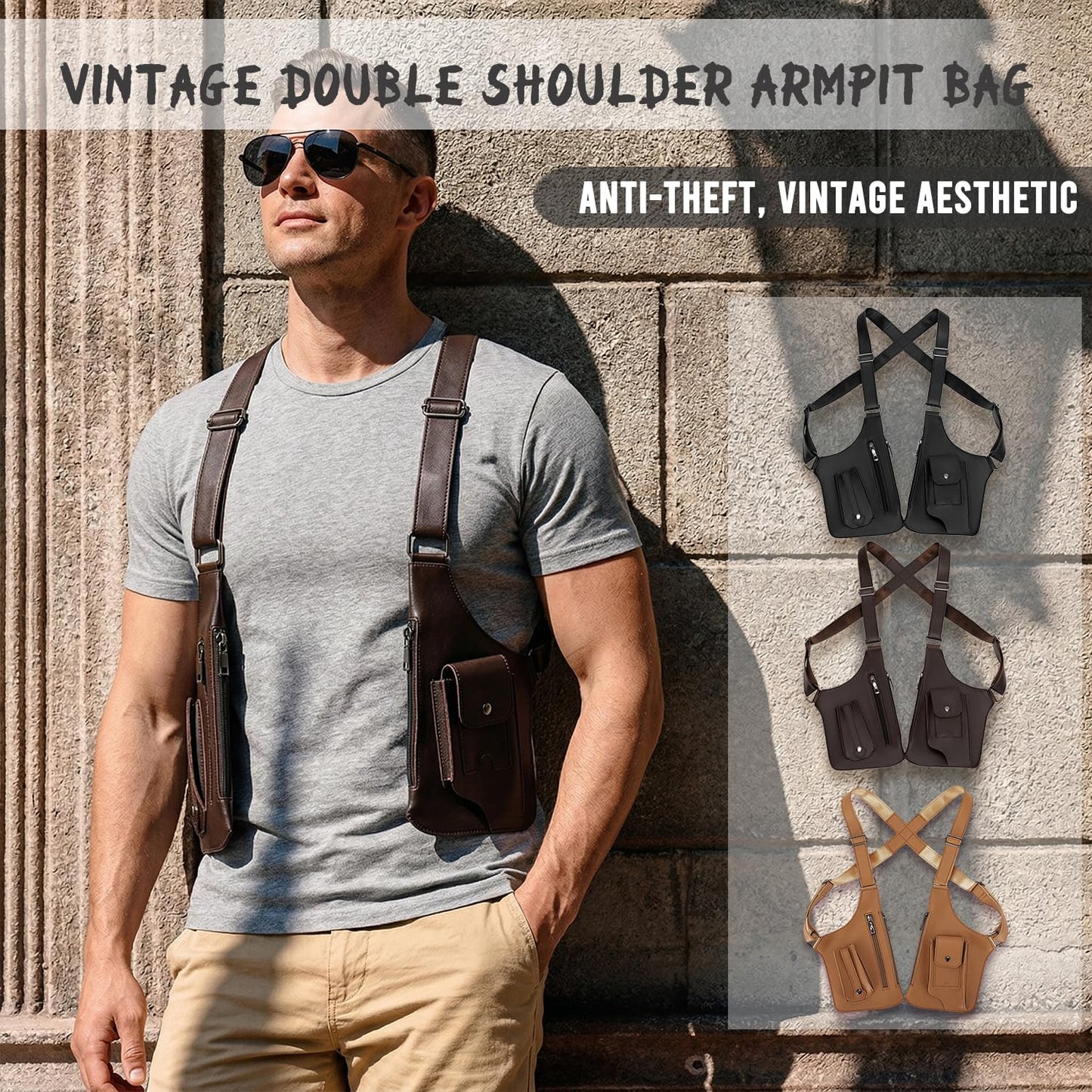 ocalil Double Shoulder Armpit Bag, 2026 New Men Anti-Theft Underarm Wallet Pocket Holster Phone Leisure Double Shoulder Pouch (black)