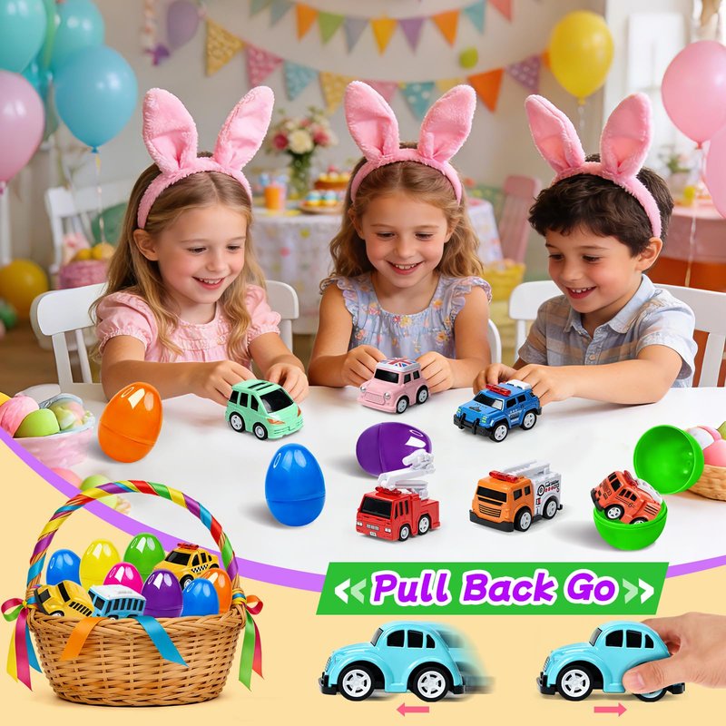 12 Pcs Prefilled Easter Eggs with Mini Cute Pull Back Alloy Car Toys for Toddlers Kids Easter Basket Stuffers Egg Hunt Party Favors Classroom Prizes for Boys and Girls