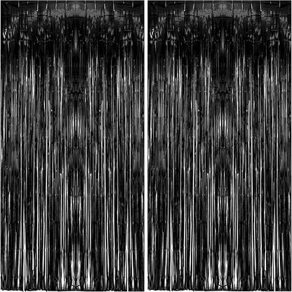 Skiennix Black Metallic Tinsel Foil Fringe Curtains - 2 Pack Photo Booth Backdrop for Parties & Celebrations