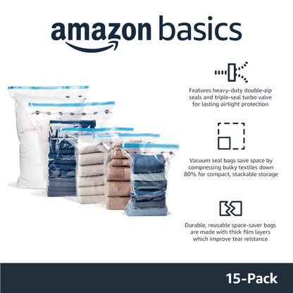 Amazon Basics Vacuum Compression Space Saving Storage Bags with Hand Pump for Clothes Packing, Pack of 15, Multiple Sizes, White