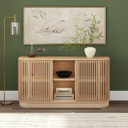 Plank+Beam Contour Wood TV Stand, Two Door Solid Wood Entertainment Console with Storage, 59" L x 16" W x 30" H, Blonde