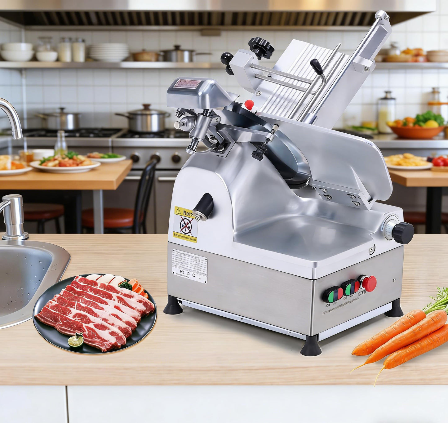 550W Automatic Commercial Meat Slicer - 12.6" Carbon Steel Blade, Double-motor Food Cutter with 0-15mm Adjustable Thickness, Low Noise