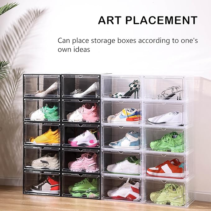 Clear Shoe Box Plastic Stackable Upgraded 6 Pack Shoe Storage Box Organizer with Clear Large Magnetic Door for Display Sneakers Easy Assembly White