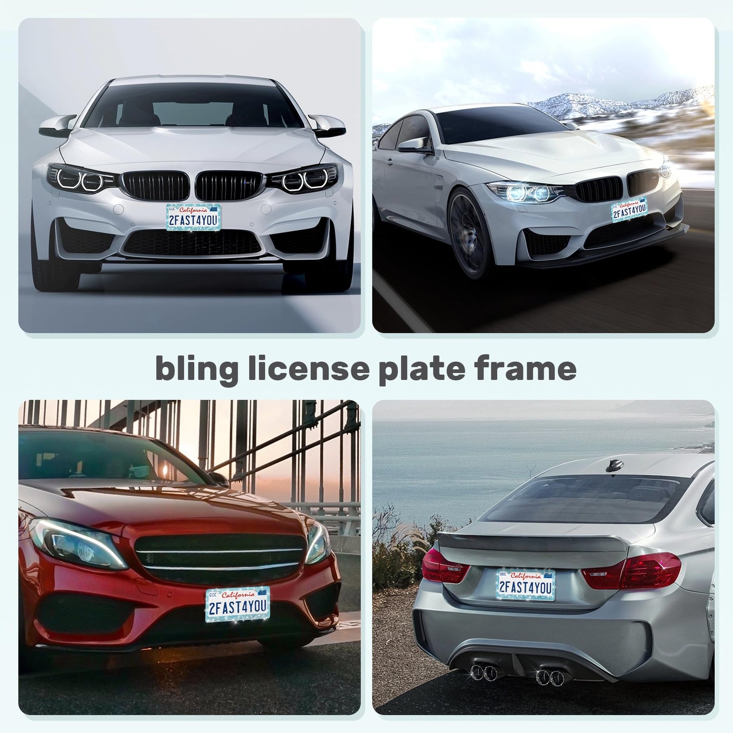 QUANQIUFEI 2 Pack Bling License Plate Frames, Sparkly Rhinestone Diamond Car License Plate Cover for Women, Stainless Steel Car Accessories with Glitter Crystal Caps (Aqua Bohemica)