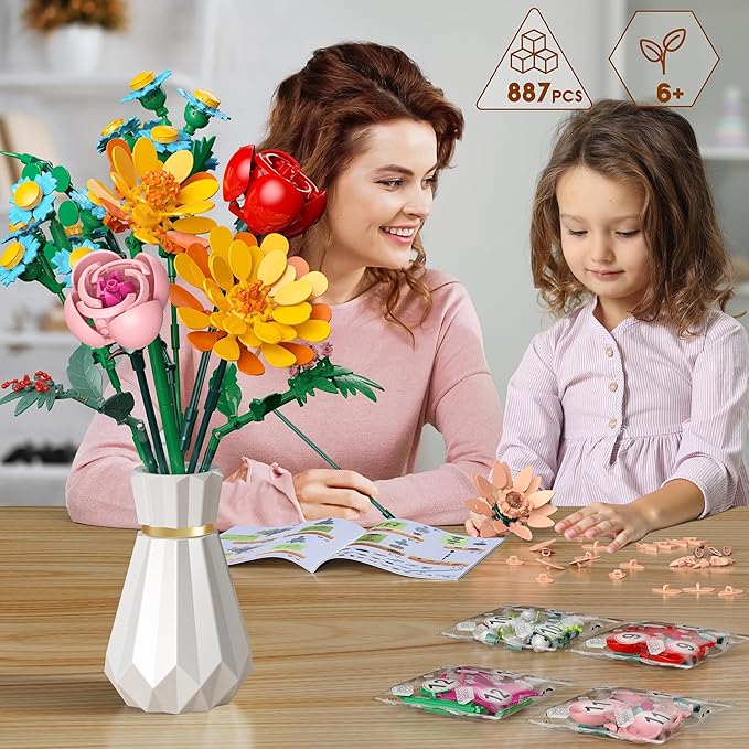 Flowers Bouquet Building Set 887 Pcs with Flower Artificial Roses for Home Office Decoration Gift for Mother's Day Valentine's Day and Kids 6+/Adults Birthday