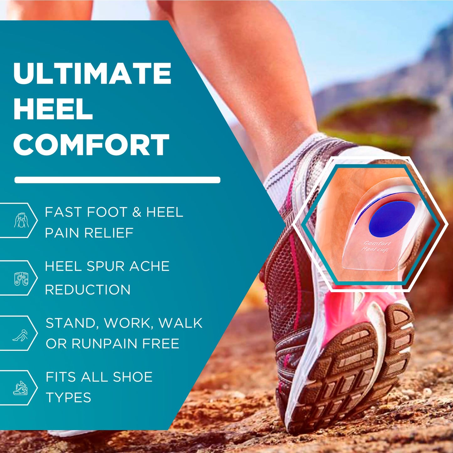 Heel Cups for Achilles Tendonitis & Plantar Fasciitis - 2 Pack Gel Shoe Inserts for Heel Pain Relief, Arch Support, for Women & Men