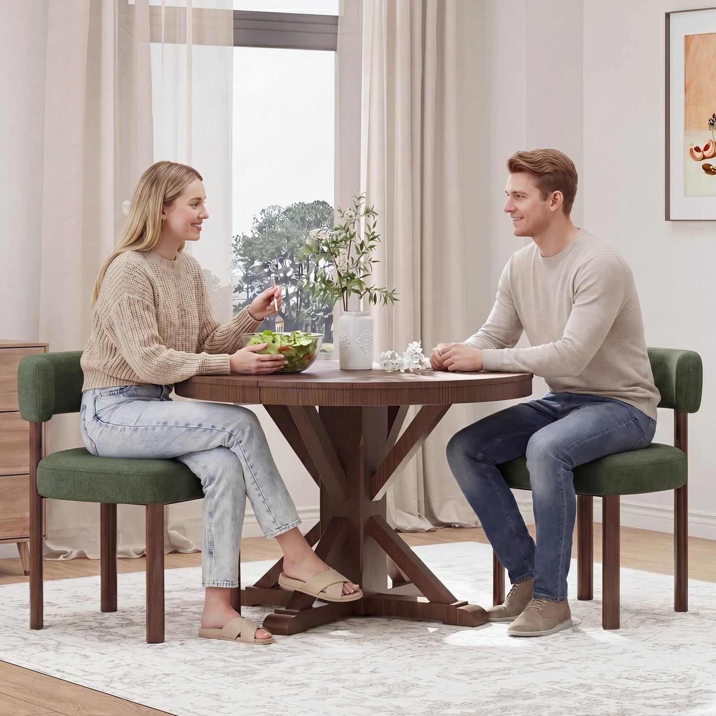 smartue Wooden Dining Chairs Set of 6, Upholstered Kitchen Chairs with Solid Wood Legs, Mid Century Dining Room Chair with Ergonomic Curved Backrest for Kitchen Dining Vanity, Green