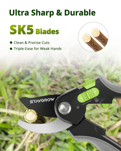STAYGROW Pruning Shears for Gardening,8.5" SK5 Garden Shears Cuts 10000+ Times Staying Sharp, Garden Scissors with One-handed Unlocking&Adjustable Handle, Garden Clippers Gardening Tools for Men Women