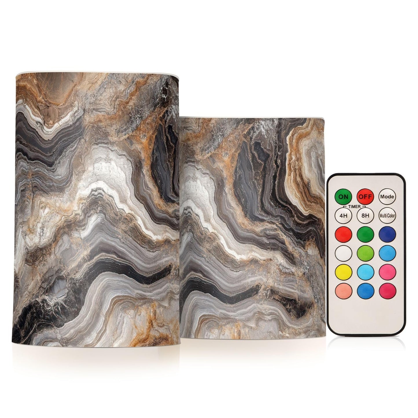 ZRYSMY Abstract Brown Gray Marble Flameless LED Candles with Remote - Set of 2, 3 Inch Battery-Operated Flickering Pillar Candles with Timer, No Batteries Included