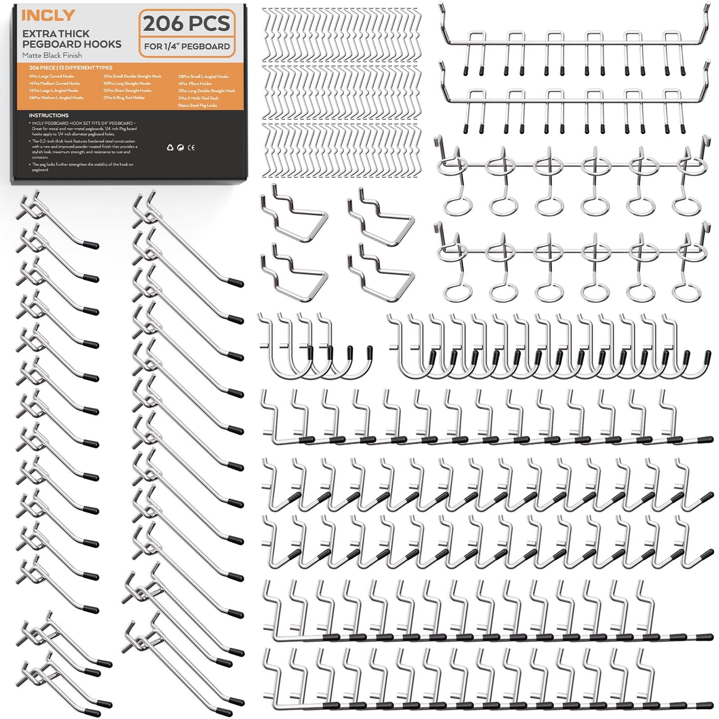 INCLY 1/4" Pegboard Hooks Set for Hanging Tools, 206PCS Heavy Duty Peg Hook Hanger & Holder Only Fit 1/4 Inch Pegboard for Craft Assortment Garage Organizer Bins Attachment Peg Board Accessories