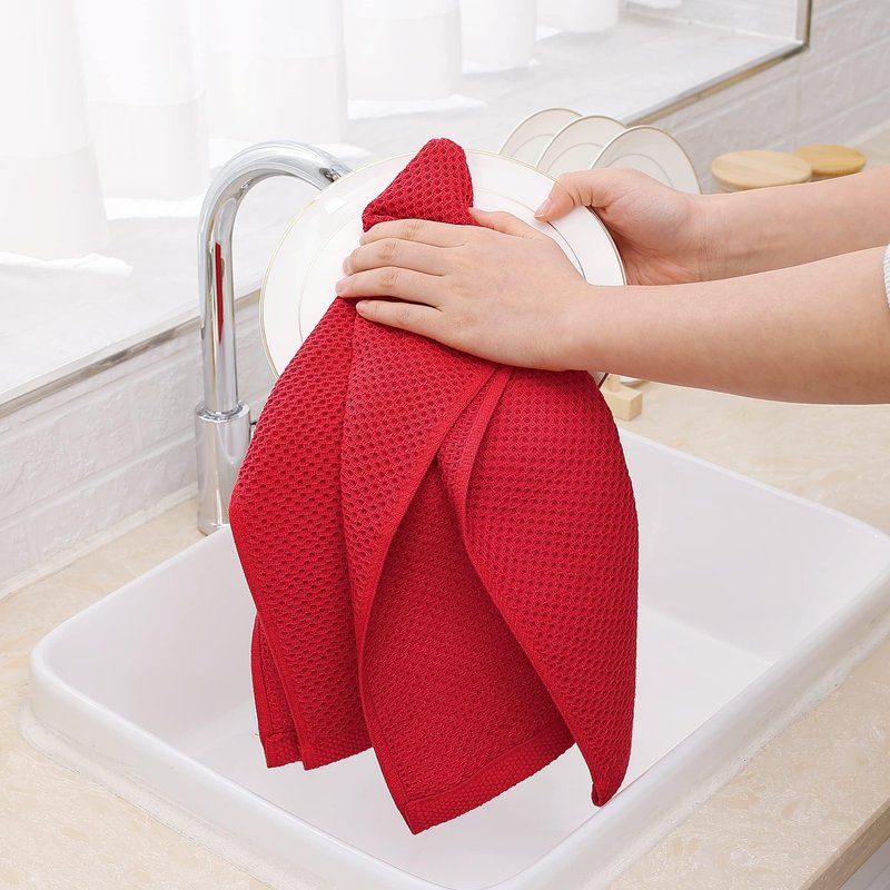 Homaxy 100% Cotton Waffle Weave Kitchen Dish Towels, Ultra Soft Absorbent Quick Drying Cleaning Towel, 13 x 28 Inches, 12-Pack, Red
