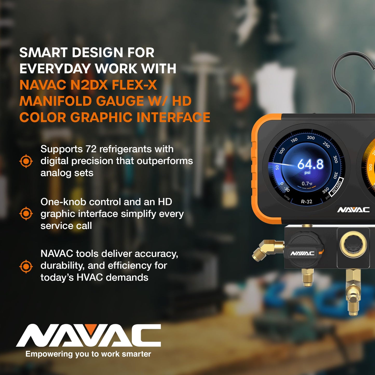 NAVAC N2DX FLEX-X Manifold Gauge Set -HD Color Graphic Interface, Digital Display, A2L Compatible, 72 Refrigerant Support, Rechargeable 100hr Battery, Durable Aluminum Body -Ideal for HVAC Technicians