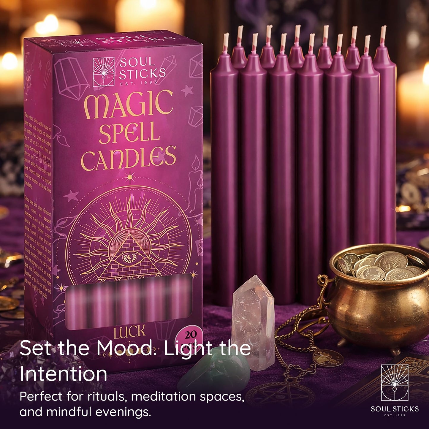 SOUL STICKS Luck Magic Spell Chime Taper Candles 20 Pack - Ideal for Altar, Rituals, Ceremonies, Meditation Pink Candle for Witchcraft Supplies, Wiccan Supplies, Candles Clearance
