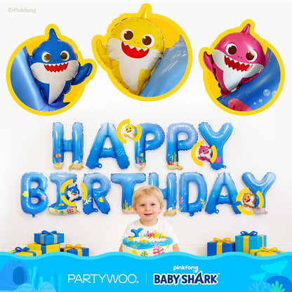 PartyWoo Baby Shark Blue Happy Birthday Banner Letter Balloons 16 Inch Blue Mylar Foil Letter Balloons for Boys and Girls Baby Shark Under the Sea Ocean Theme Kids Birthday Party Decorations