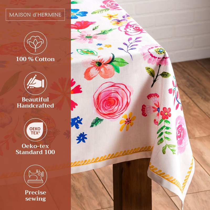 Maison d' Hermine Table Cloth Rectangle Table 100% Cotton 54 x 72 Inches Tablecloth Reusable Decorative for Dining Kitchen Farmhouse Home Gifts for Mothers Day Spring Summer - Happy Florals - Sweety