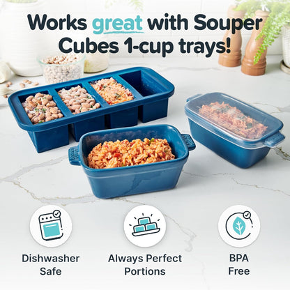 Souper Cubes Stoneware - Small 5" x 3" Ceramic Baking Dish Set of 4 with Silicone Covers | Ideal for Reheating Single Servings - Blueberry