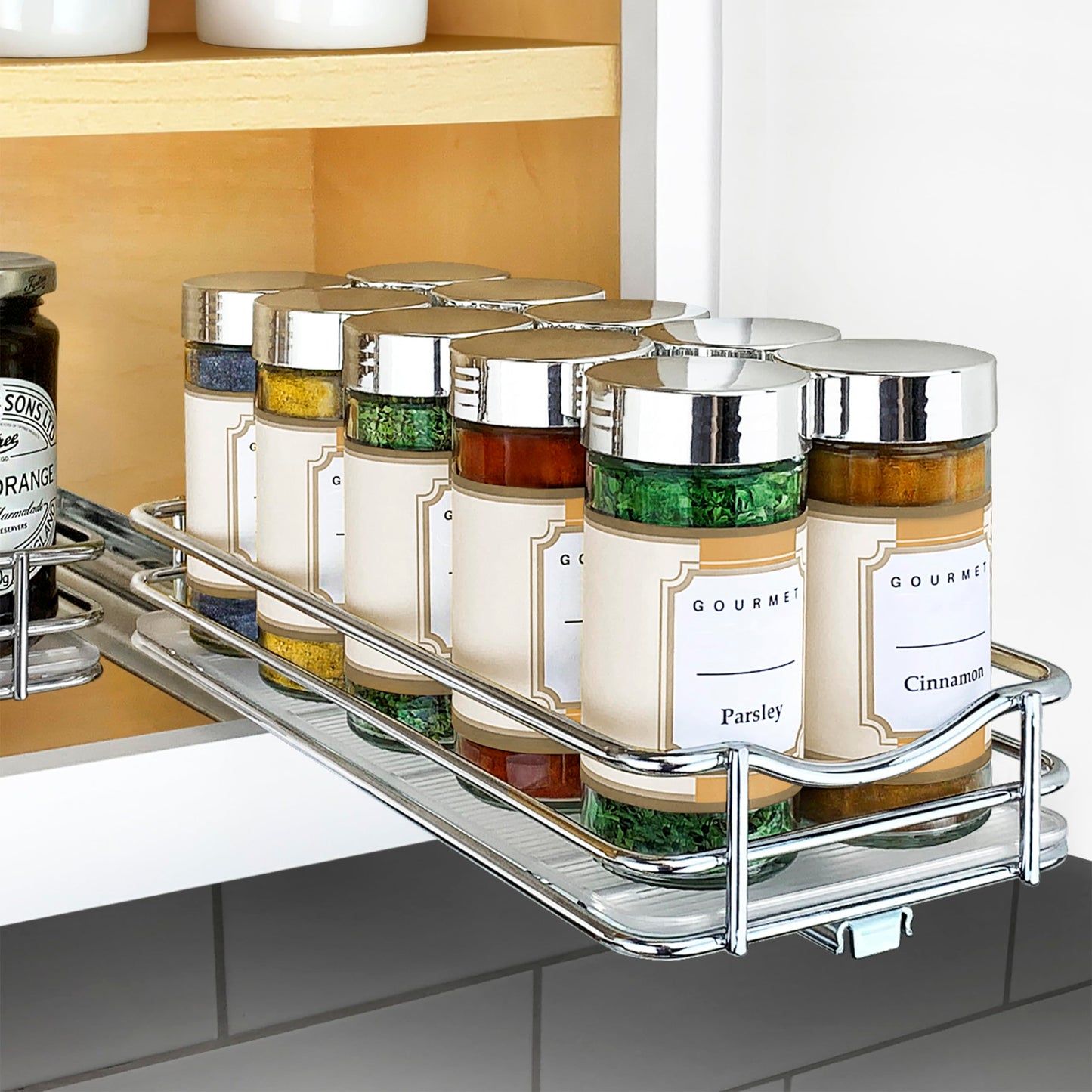 LYNK PROFESSIONAL® Pull Out Spice Rack Organizer for Inside Kitchen Cabinets - 4-1/4 inch Wide - Slide Out Drawer – Chrome Sliding Spice Cabinet Organization Shelf Racks - 2 Tier